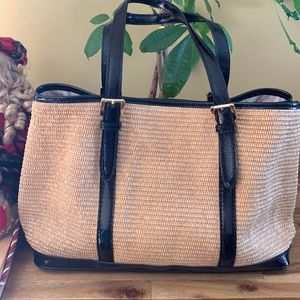 Authentic Michael Kors Large Straw Bag with Black Patent Leather Trim LIKE NEW